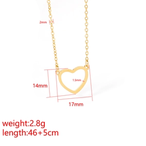 Minimalist hollow heart necklace in stainless steel with detailed product dimensions
