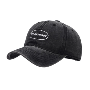 Classic black washed cotton baseball cap with white Moormoor embroidery on a white background