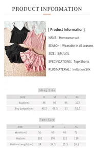 Size chart detail for ice silk pajama set including sling top and shorts measurements