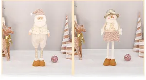 Detail of plush Santa and Snowman dolls in champagne gold with sequins and knit texture