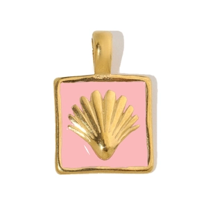 Macro view of square pink enamel pendant with a golden shell design in the center
