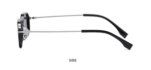 Seitenansicht der trendigen schmalen Sonnenbrille mit schwarzem Rahmen und Silberbügeln