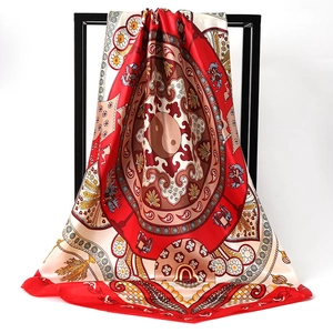 Vintage Satin Square Scarf For Women Floral Paisley Horse Chain Print Large Silk Feeling Neck Head Wrap Hair Accessory