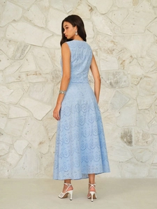 Elegant light blue sleeveless eyelet lace maxi dress with intricate floral embroidery