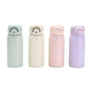 Mini stainless steel vacuum insulated bottles in four pastel colors with flip lids