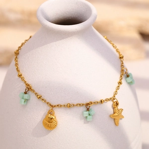 Bracelet En Acier Inoxydable Plaqué Or 18K Océan Étoile De Mer Coquille Perles Vert Menthe Bijoux De Plage Femmes