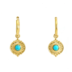 Detail of 18K gold-plated round earrings with blue turquoise inlay and vintage texture