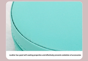 Macro detail of mint green cross-grain PU leather texture and zipper seal on jewelry box