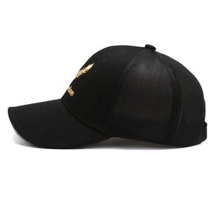 Black mesh trucker baseball cap with golden feather embroidery and freedom text
