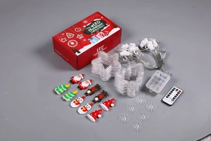 Detailed set of LED Christmas star lights with ornaments, battery box, and remote control