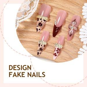Long almond fake nails with leopard print and 3D gold chain design for women