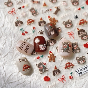3D embossed nail art stickers with cute teddy bears, dogs, and red cars TS-3872