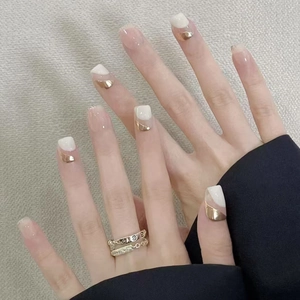 Press On Nails French Square ABS Plastic Gentle Oatmeal Milk Coffee Color Glitter Wave Pattern Removable Elegant Women
