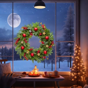 Detailed Christmas pine needle wreath with red berries and golden stars on a window