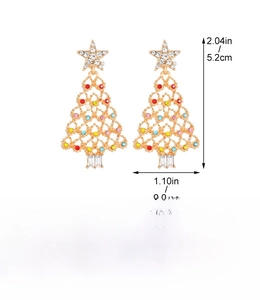Detailed size specifications for gold Christmas tree earrings with colorful crystals