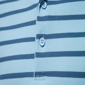 Striped men's cotton polo shirt featuring light blue and dark grey pique knit texture