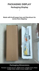 Detailed packaging view showing rabbit sculptures with foam lining and box dimensions