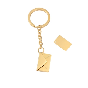 Detailed view of golden stainless steel envelope pendant with DIY engravable rectangular tag