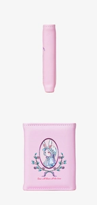 Detailed close-up of pink leather wallet with vintage rabbit illustration and text