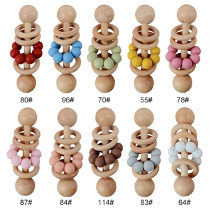 Baby Wooden Rattle Teether Silicone Beads Beech Wood Hand Grip Sensory Development Toy Infant Oral Health