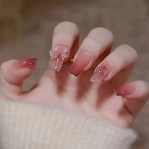 Coffin Press On Nails Pink Gradient Blush 3D Butterfly Bow Glossy Long Fake Nails For Women