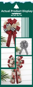 Detail view of assorted red and black plaid Christmas bows with Merry Christmas truck prints