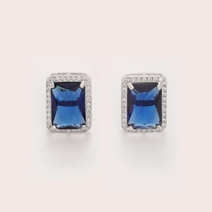 Classic rectangle deep blue zircon stud earrings with micro-pave small diamond border