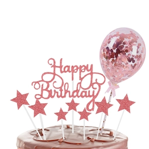 Rose gold glitter Happy Birthday cake topper set with star picks and sequin balloon detail