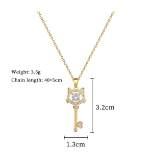 Cat key pendant dimensions and chain length of the zircon studded gold necklace