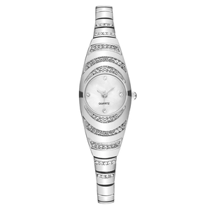 Elegant silver women's quartz watch with sparkling rhinestones and white dial on white background