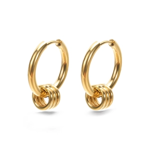 Minimalist gold hoop earrings with triple charm rings and high-polished finish