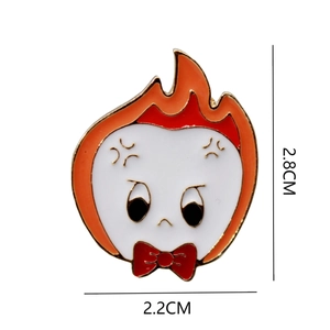 Detailed size view of the cartoon flame enamel pin badge measuring 2.8cm by 2.2cm