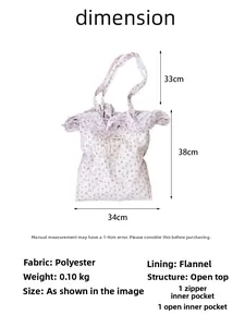 Detailed size chart for floral tote bag showing 34x38cm dimensions and polyester material