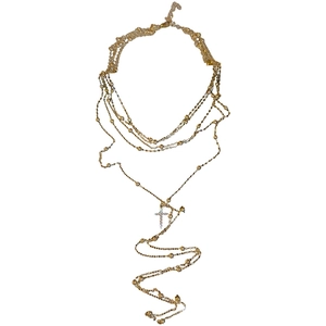 Layered gold chain necklace featuring a zircon cross pendant in French vintage style