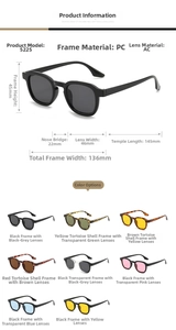 Detailed dimensions and color chart of retro round sunglasses with PC frame and AC lenses