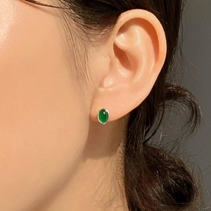 Oval Green Agate Stud Earrings With 925 Sterling Silver Earring Post Minimalist Retro Fashion Jewelry For Women