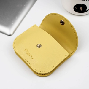 Litchi pattern yellow leather coin purse with Pieru logo and metal snap button closure