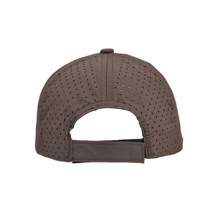 Detail view of the brown quick-dry hat back with adjustable velcro strap and mesh vents