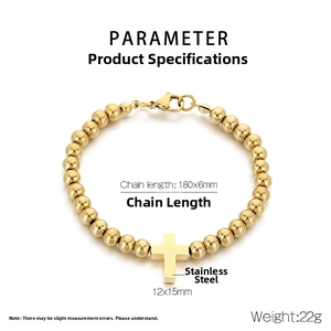 Detailed view of 6mm stainless steel beaded bracelet with cross charm and sizing metrics