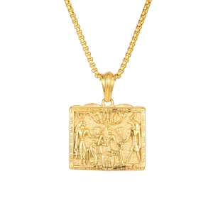 Punk vintage Egyptian pharaoh square pendant necklace in gold stainless steel