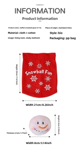 Plush Christmas snowball set detail with 10 pieces, storage bag dimensions and fabric material