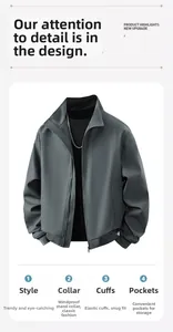Detailansicht der wasserabweisenden grauen Jacke mit Stehkragen und Metallreißverschluss