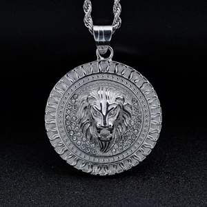 Iced out lion head pendant necklace in silver stainless steel with flame pattern