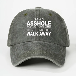 Detail of vintage washed charcoal grey baseball cap with bold white slogan printing
