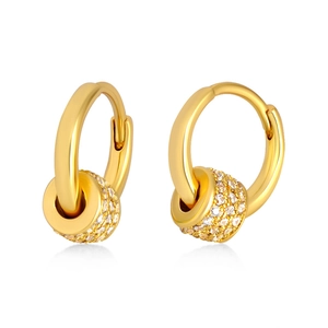 Detailed macro view of gold-plated hoop earrings featuring rotatable zircon-set pendants