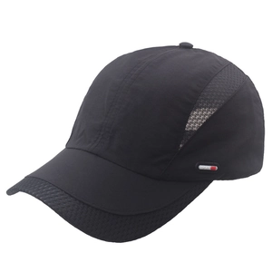 Unisex quick-dry black baseball cap with mesh panels and Sports label for outdoor use