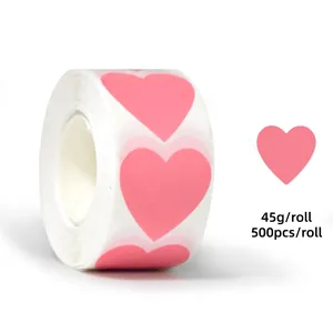 Detailed dimensions of pink heart sticker roll with 500 labels and 25mm width