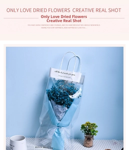 Detail of blue dried gypsophila flower bouquet in a transparent portable gift bag