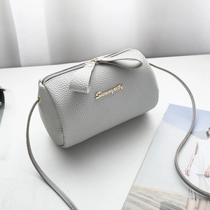 Women Korean Style Litchi Texture PU Leather Cylinder Crossbody Bag Fashion Bowknot Zipper Small Barrel Shoulder Bag