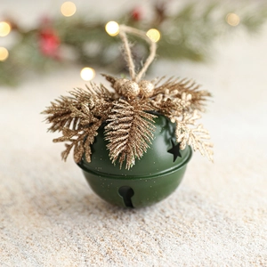 Forest green Christmas bell ornament with gold glitter pine needles and rustic twine
